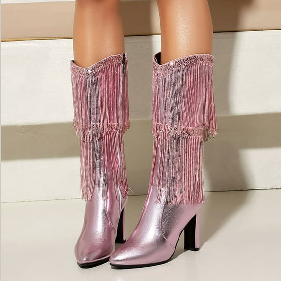 Women Boots Mid-Calf Fringe Boot Stiletto Pointed Toe Cowboy Boot with Side Zipper (Pink 44)