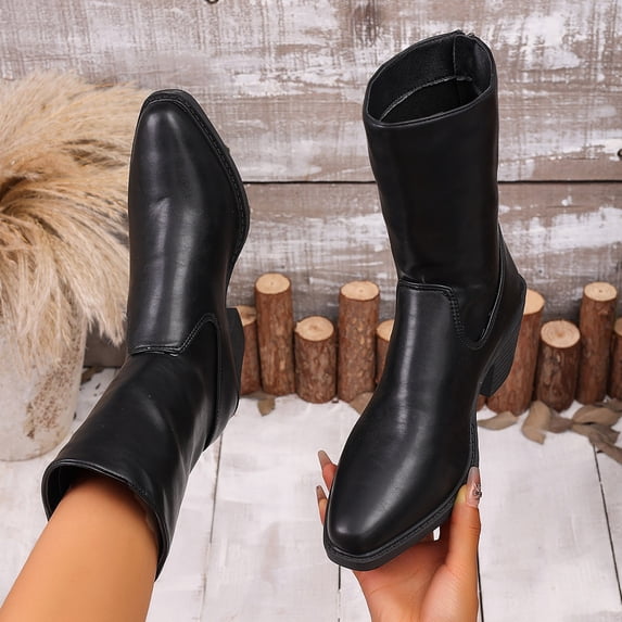 Women Boots Pointed Toe Mid Calf Boots with Back Zipper Comfort PU Slouch Shoes with Stacked Block Heel for Fall Winter Casual Outdoor Daily Wear