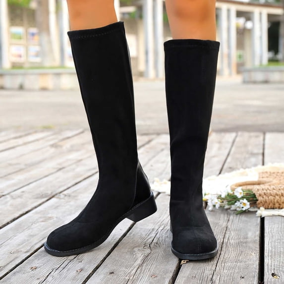 Women Boots Round Toe Low Heel Mid Calf Boots with Back Zipper Comfort Stretchy Flock Shoes for Fall Winter Casual Outdoor Daily Wear