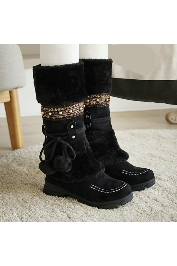 Women Boots Slip-on Snow Boots Velvet Cotton Boots Warm Solid Cotton Shoes Plush Ball Ethnic Knight Boots Women's Snow Boots Holiday Clearance