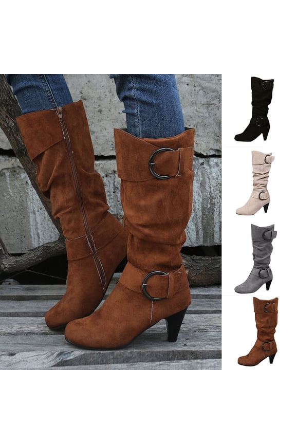 Women Boots Kitten Heel Round Toe Knee High Booties Fashion Casual Warm Comfortable Fall Winter Shoes for Women Beige 7