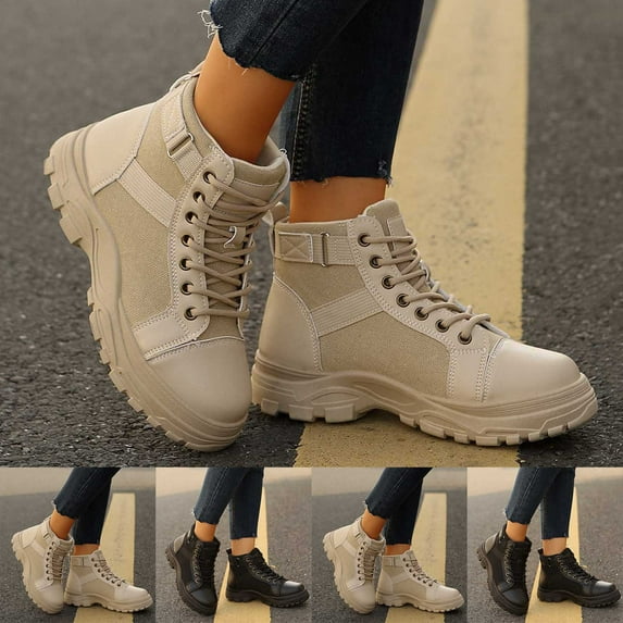 Women Boots Thick-Soled Round Toe Lace-Up Ankle Booties Fashion Casual Solid Color Comfortable Warm Fall Winter Shoes for Women Khaki 9