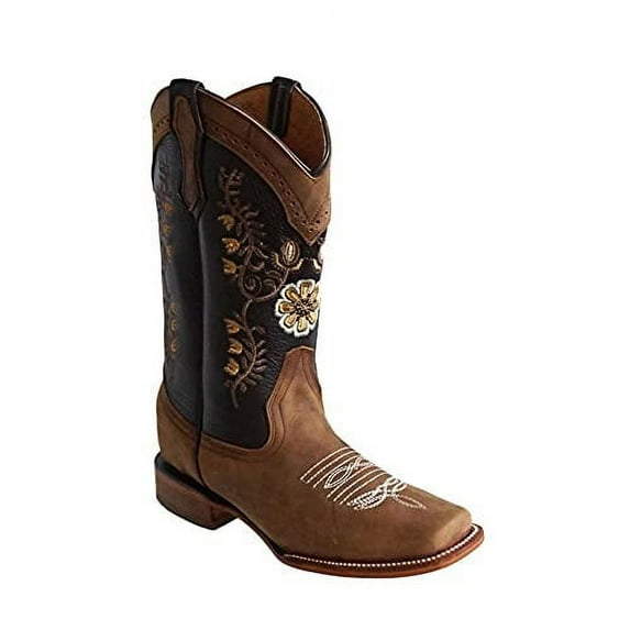 Women Boots Western Cowgirl square toe Leather embroidered