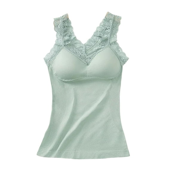 Women Bottoming Vest with Chest Pads Seamless Sleeveless Pure Color Stretchy V Neck Lace Camisole Summer Dating Office Winter Basic Top
