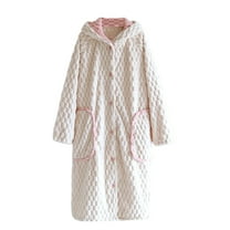 Women Botton Robe Long Sleeve House Coats Fleece Velour Robes Soft Bathrobe with Pockets Nightgown Beige M