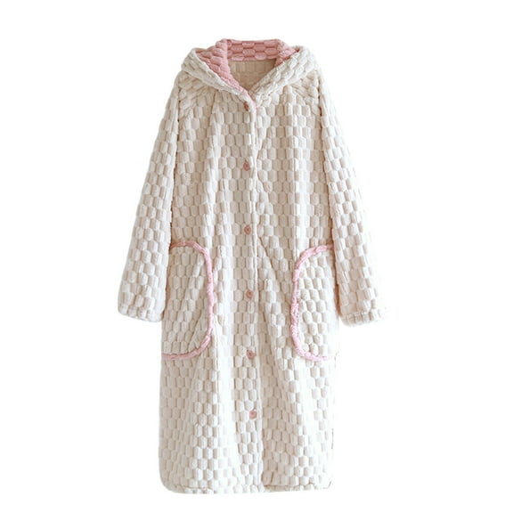 Women Botton Robe Long Sleeve House Coats Fleece Velour Robes Soft Bathrobe with Pockets Nightgown Beige M