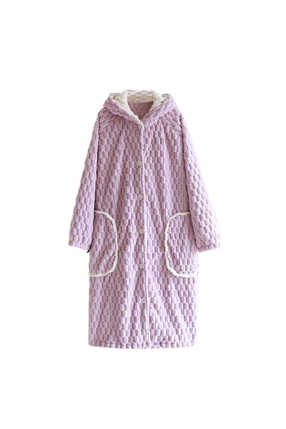 Women Botton Robe Long Sleeve House Coats Fleece Velour Robes Soft Bathrobe with Pockets Nightgown Purple M