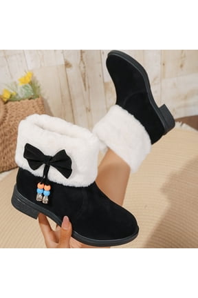 Women Bow Bead Decor Fleece Cuff Ankle Snow Boots, Soft Faux Suede Low Flat Heel Warm Short Booties, Cute Winter Boots Black 6.5(38)