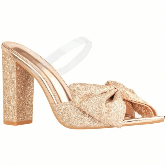 Women Bow Decor Chunky Heeled Mule Sandals Butterfly Design Chunky High Heel Sandals