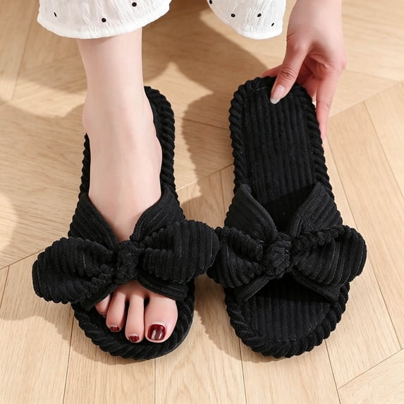 Women Bow House Slippers,Striped Corduroy Open Toe Slide Slippers,Soft Non Slip Flat Indoor Warm Slippers