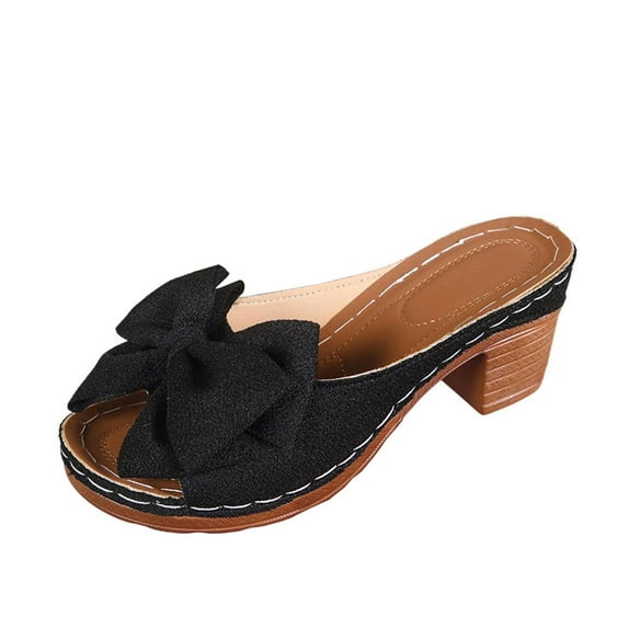 Women Bow Open Toe Pump Shoes Casual Chunky Block Slip On Sandals Summer Wedding Party Vacation Resort Slides