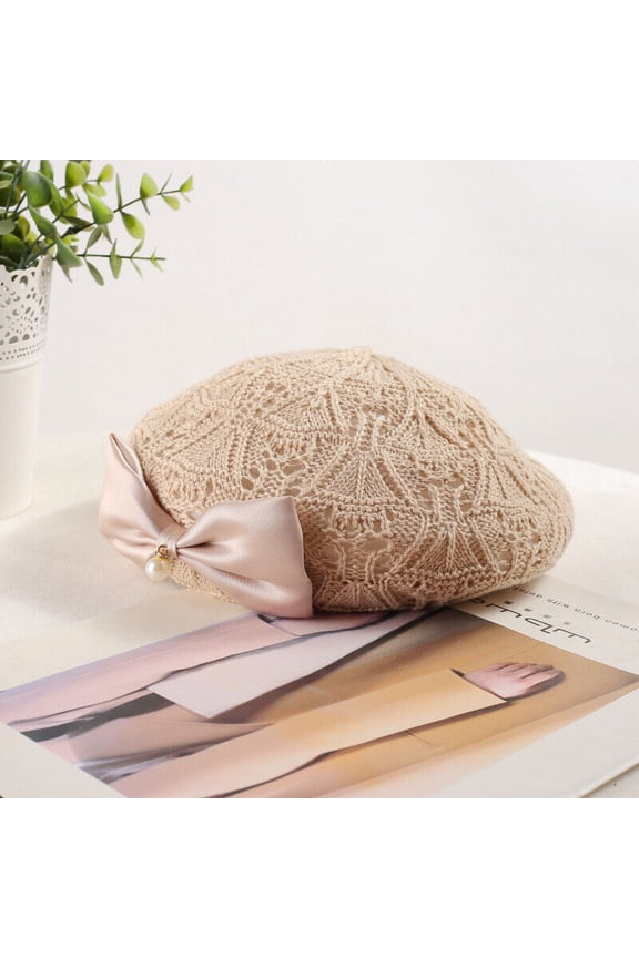 Women Bow Pearl Woven Beret Summer Hollow Out Slouchy Crochet French Artist Cap