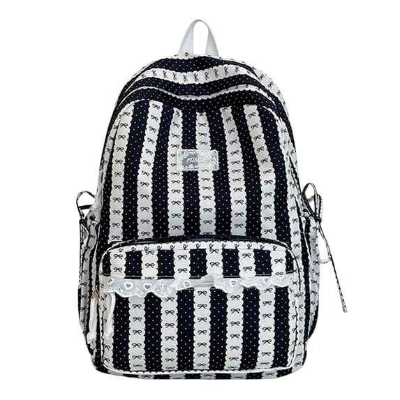 Women Bow Print Backpack with Multi-Pocket, Lace Trim Large Capacity School Bag for Travel Shopping (Black)
