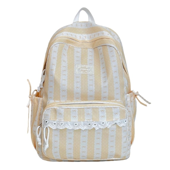 Women Bow Print Backpack with Multi-Pocket, Lace Trim Large Capacity School Bag for Travel Shopping (Yellow)