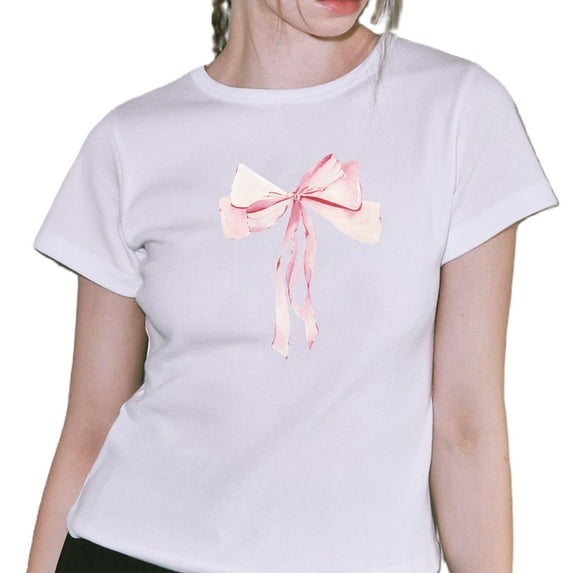 Women Bow Print Short Sleeve T Shirt Y2K Cute Graphic Crop Top E Girls Fairy Grunge Aesthetic Baby Tees Steetwear