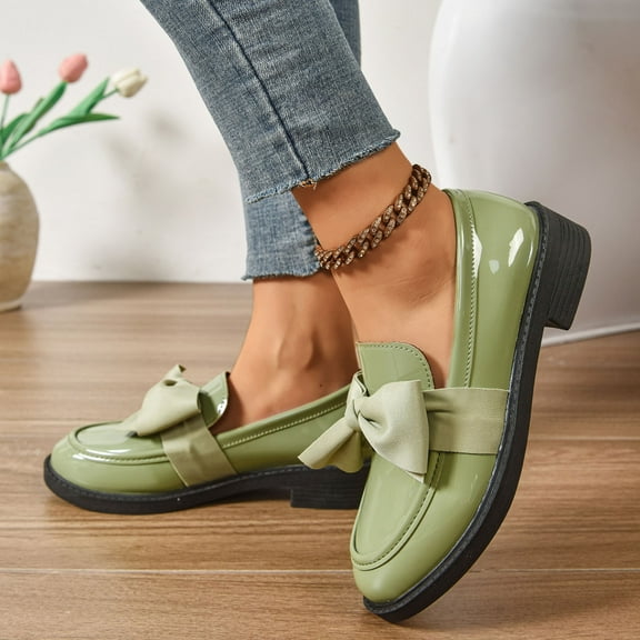 Women Bow Pumps Shoes Round Closed Toe Slip On Oxford Loafer Shoes Patent Leather Mid Block Heels Dress Loafer Two-Toned Office Work Penny Loafers Green Women Sandal