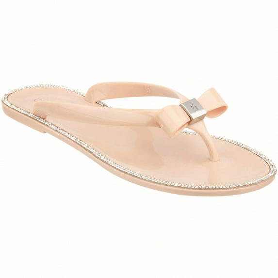 Women Bow Rhinestone Decor Flat Sandals Jelly Slide Sandals Fashionable Outdoor Plastic Flat Sandals Rhinestone Jelly Toe Post Flat Flip Flop Sandals