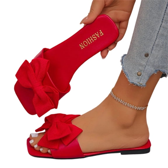 Women Bow Square Toe Slide White Sandals Summer Open Toe Flat Sandals Slip On Dressy Casual Footwear