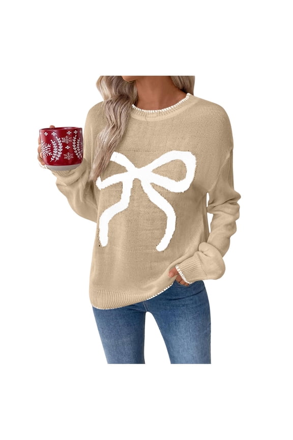 Women Bow Sweater Casual Crew Neck Long Sleeve Pullover Sweaters y2k Lightweight Knitted Jumper Tops Winter Clothing