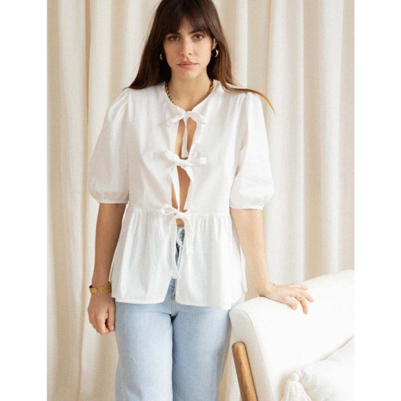 Women Bow Tie Front Shirt Top Cute Puff Sleeve Y2K Peplum Ruffle Babydoll Blouse Lace Up Summer Going Out