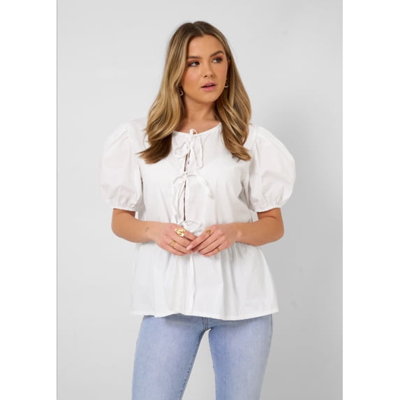 Women Bow Tie Front Shirt Top Cute Puff Sleeve Y2K Peplum Ruffle Babydoll Blouse Lace Up Summer Going Out