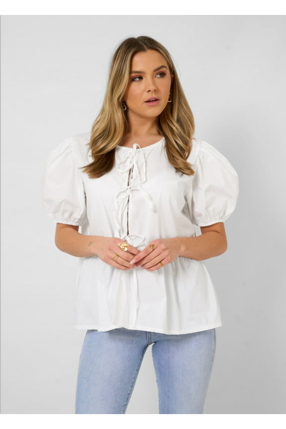 Women Bow Tie Front Shirt Top Cute Puff Sleeve Y2K Peplum Ruffle Babydoll Blouse Lace Up Summer Going Out