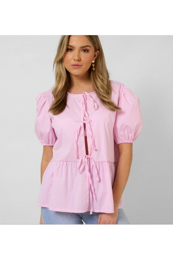 Women Bow Tie Front Shirt Top Cute Puff Sleeve Y2K Peplum Ruffle Babydoll Blouse Lace Up Summer Going Out