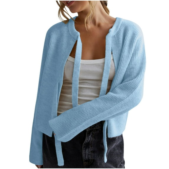 Women Bow Tie Knit Cardigan Crew Neck Casual Open Front Sweater Casual Solid Color Long Sleeve Knitted Outerwear (Blue S)