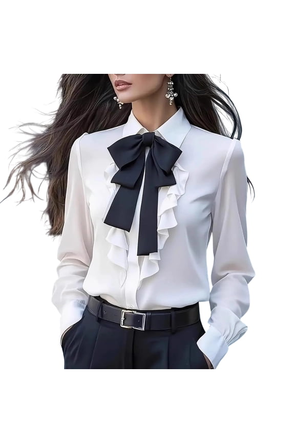 Women Bow Tie Neck Blouse Elegant Loose Button Down Ruffle Trim Shirts Long Sleeve Lapel Collar Dressy Business Tops White L