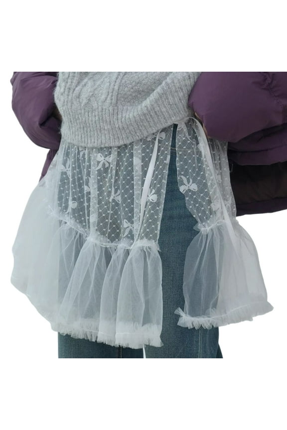 Women Bowknot Pattern Ruffled Lace Short Wrap Apron Skirt Sheer Mesh Overskirt