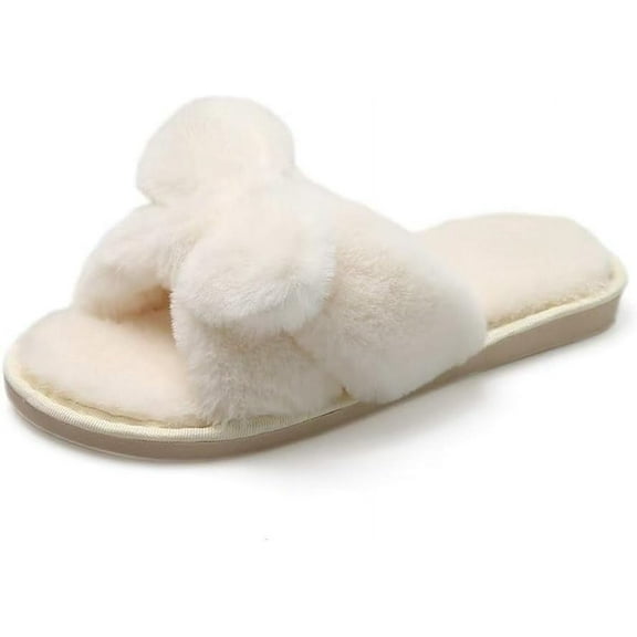 Women Bowknot Slippers Fuzzy Cushion Non-slip Flat House Slippers Bedroom Slides Sandals for Indoor Outdoor