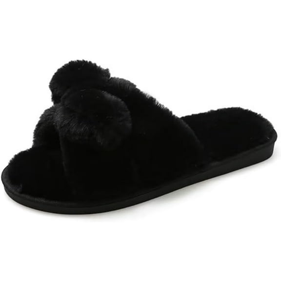 Women Bowknot Slippers Fuzzy Cushion Non-slip Flat House Slippers Bedroom Slides Sandals for Indoor Outdoor