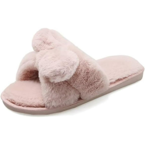 Women Bowknot Slippers Fuzzy Cushion Non-slip Flat House Slippers Bedroom Slides Sandals for Indoor Outdoor