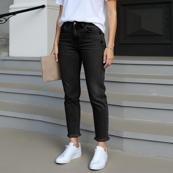 Women Boyfriend Jeans High Waist Stretchy Jeans Trendy Raw Hem Straight Leg Jean Distressed Denim Pants Black S