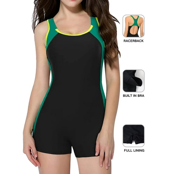 Women Boyleg One Piece Swimsuit Sport Swimming Costume Modest Swimwear Color Block