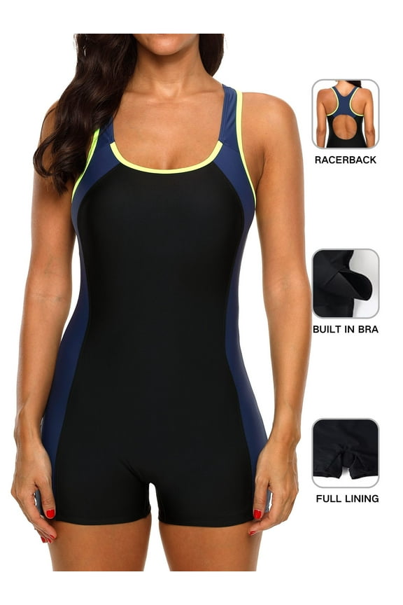 Women Boyleg One Piece Swimsuit Sport Swimming Costume Modest Swimwear Color Block