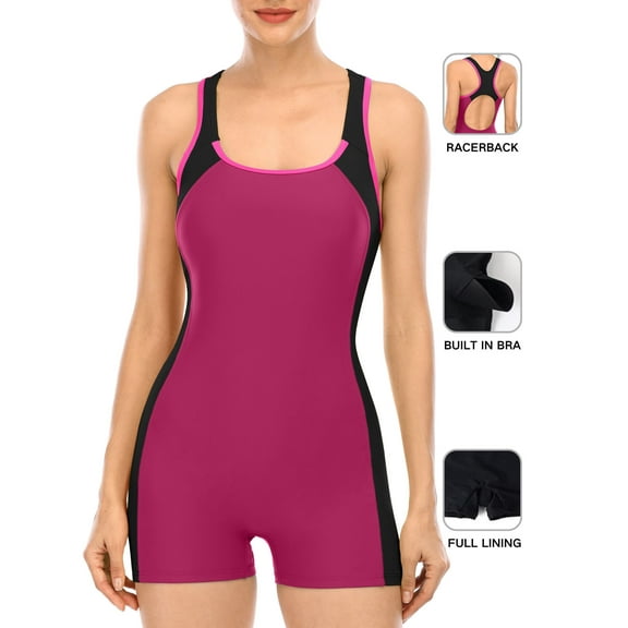 Women Boyleg One Piece Swimsuit Sport Swimming Costume Modest Swimwear Color Block