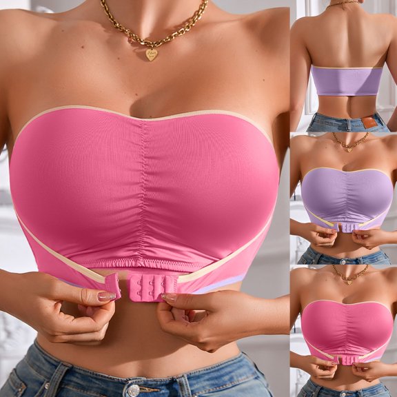 Women Bra Fashion Wrinkle Ice Silk Thin Front Closure Gather Bra Pink L