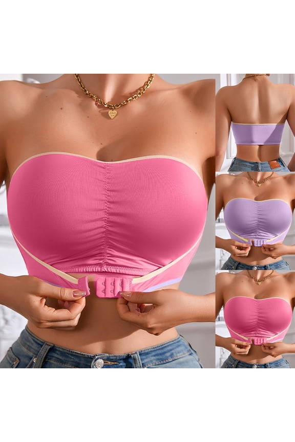 Women Bra Fashion Wrinkle Ice Silk Thin Front Closure Gather Bra Pink L