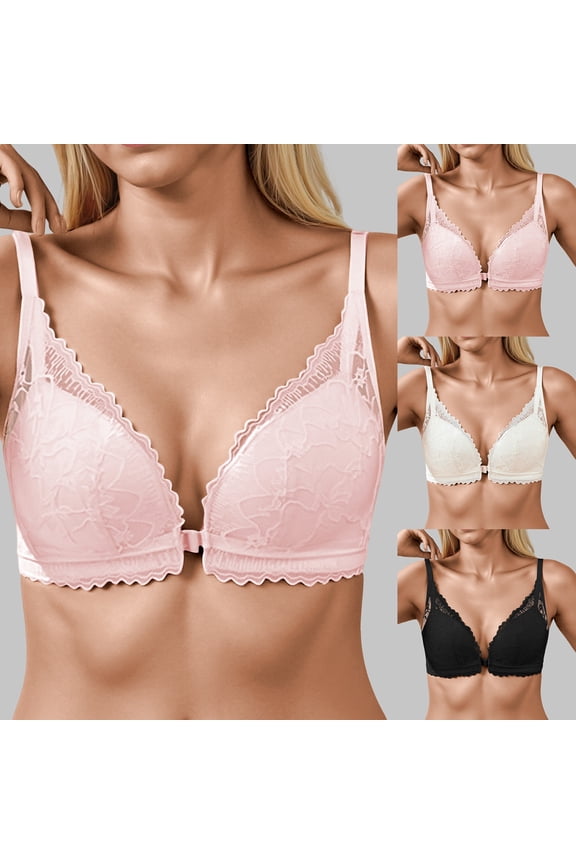 Women Bra Front Button Small Bust Gather Wireless Lace Cross Back Bra Beige 70