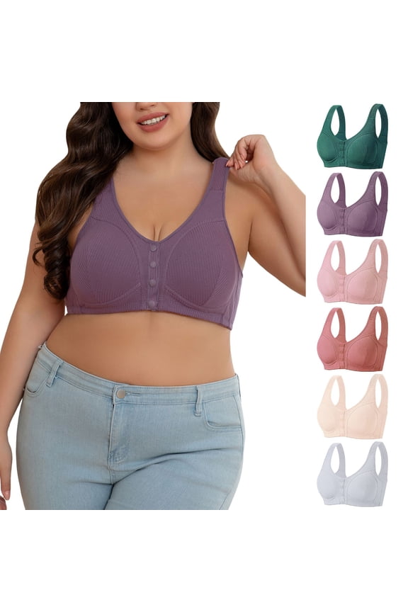 Women Bra Ribbed Cotton Front Closure Plus Size Wireless Light Gray 60