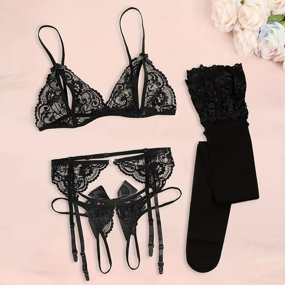 Women Bra and Panties Set Lingerie Set Sexy Lace Garter Belt Set Includes Bra Panties Stockings Valentine's Day Gift