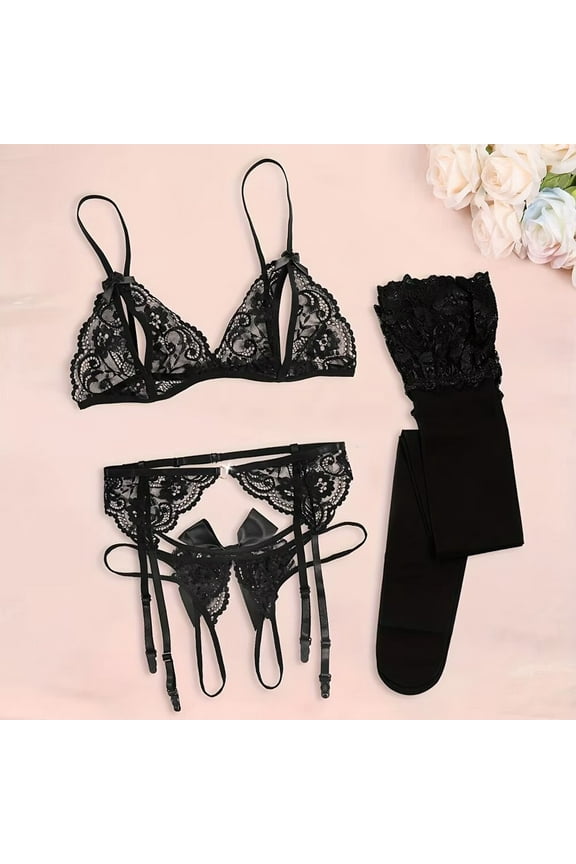 Women Bra and Panties Set Lingerie Set Sexy Lace Garter Belt Set Includes Bra Panties Stockings Valentine's Day Gift