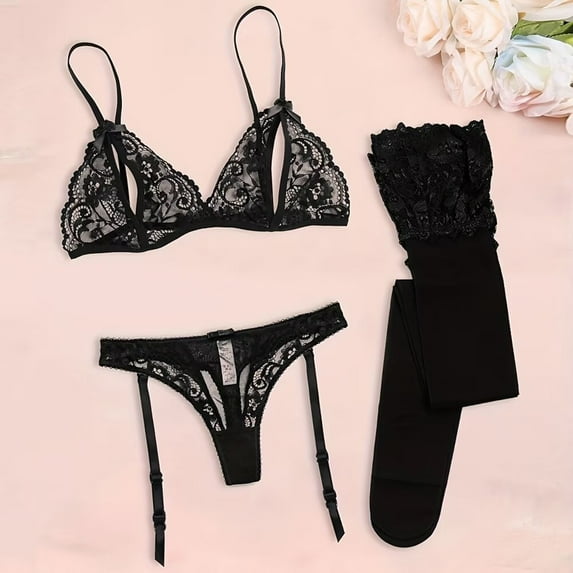 Women Bra and Panties Set Lingerie Set Sexy Lace Garter Belt Set Includes Bra Panties Stockings Valentine's Day Gift