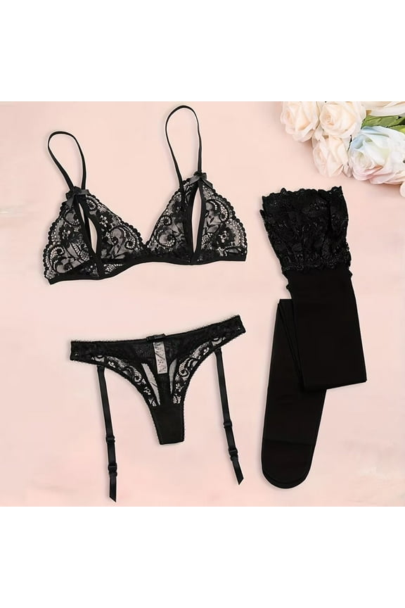 Women Bra and Panties Set Lingerie Set Sexy Lace Garter Belt Set Includes Bra Panties Stockings Valentine's Day Gift