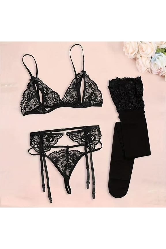 Women Bra and Panties Set Lingerie Set Sexy Lace Garter Belt Set Includes Stockings Bra Panties
