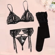 Women Bra and Panties Set Lingerie Set Sexy Lace See through Garter Belt Set Includes Bra Panties Stockings