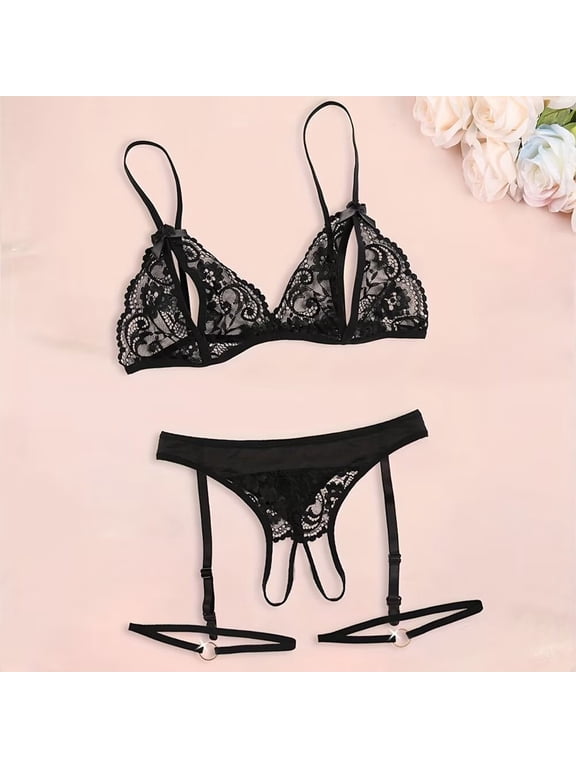Women Bra and Panties Set Lingerie Set Sexy Perspective Lace Garter Belt Set Includes Bra Panties