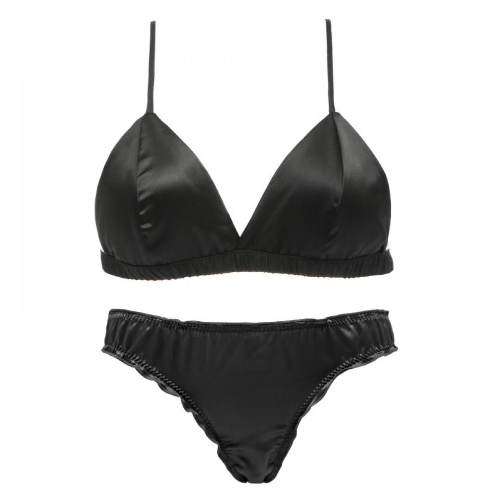 Women Bra and Panty Set,Silk Satin Triangle Bralette 3/4 Cup Wireless with Matching Soft Briefs