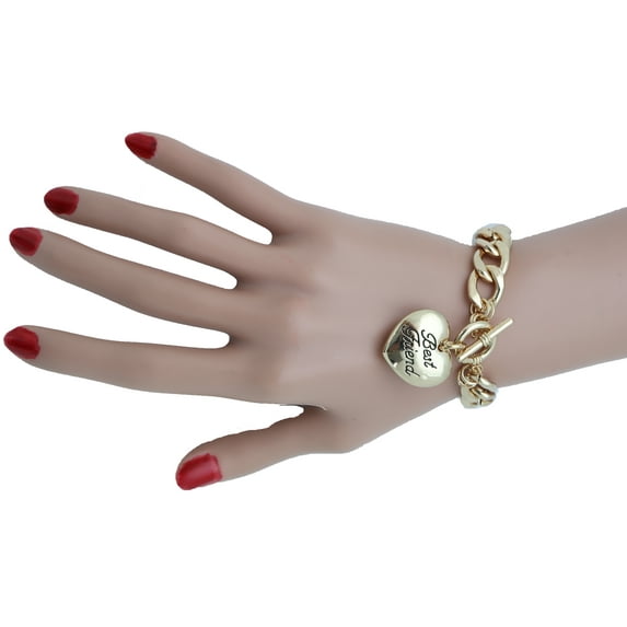Women Bracelet Gold Metal Chain Links Heart Charm Best Friend Love